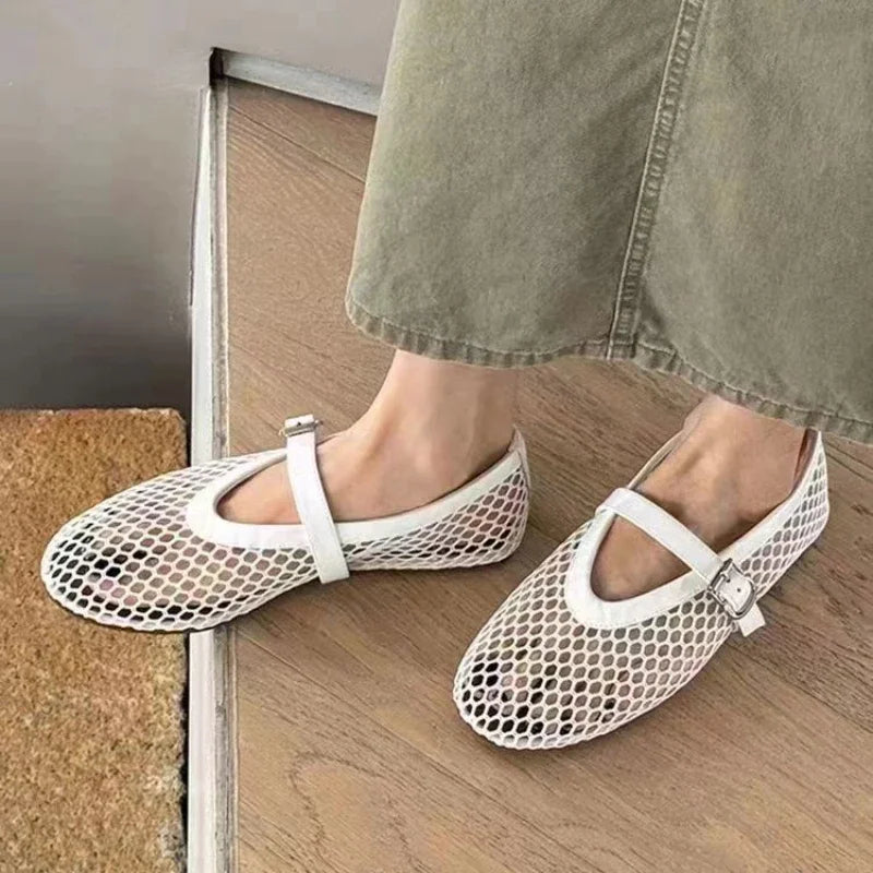 Versatile women's open-weave Mary Jane flats, breathable comfort for casual outings or office.
