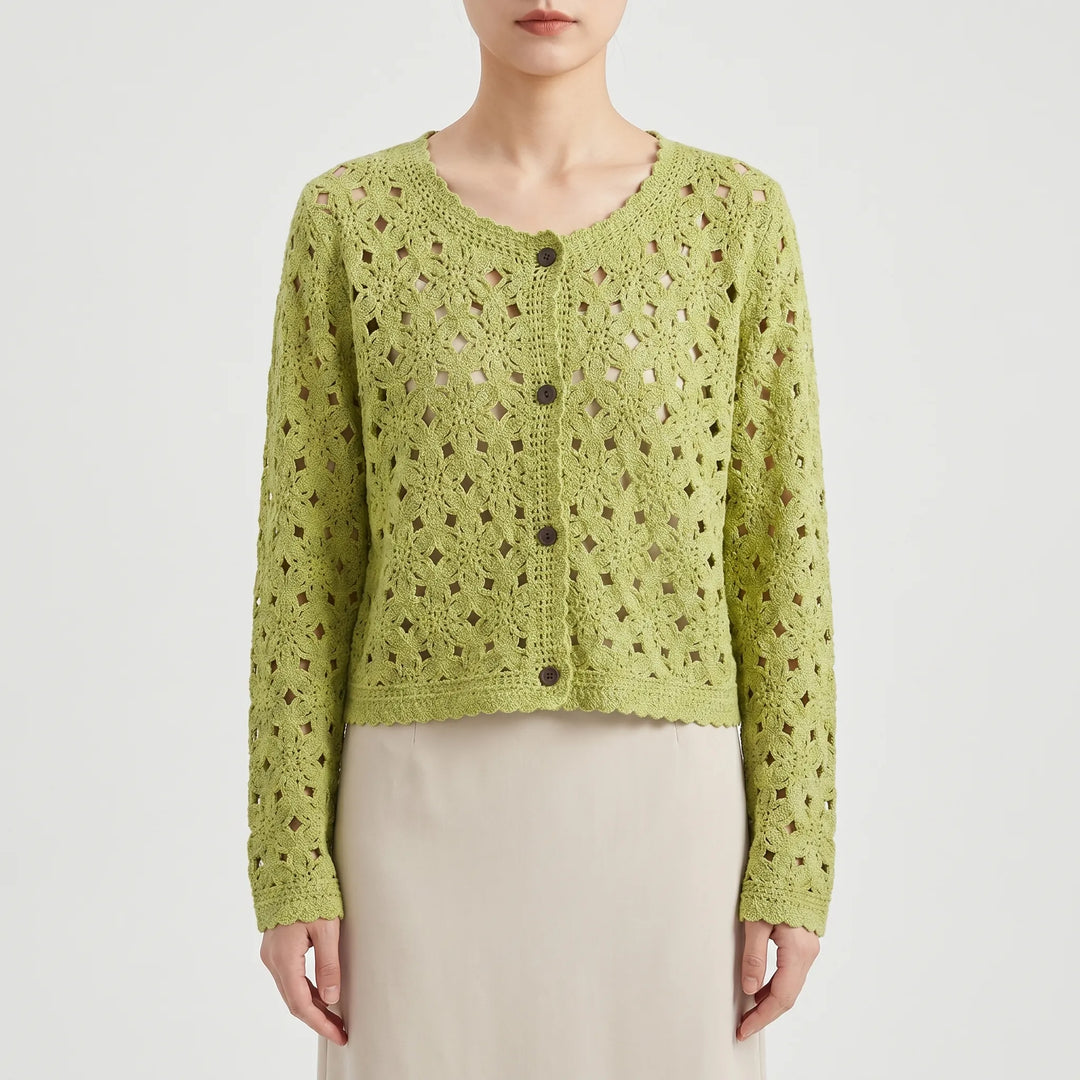 Stylish women's knit crochet cardigan with openwork design, ideal for spring/summer fashion layering.
