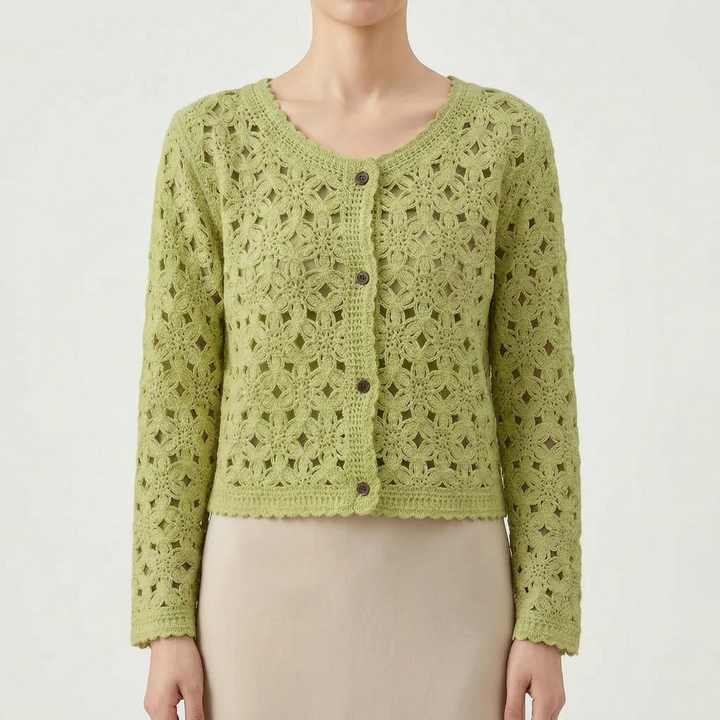 Elegant women's openwork crochet knit cardigan, a breathable layering piece for warm spring and summer days.