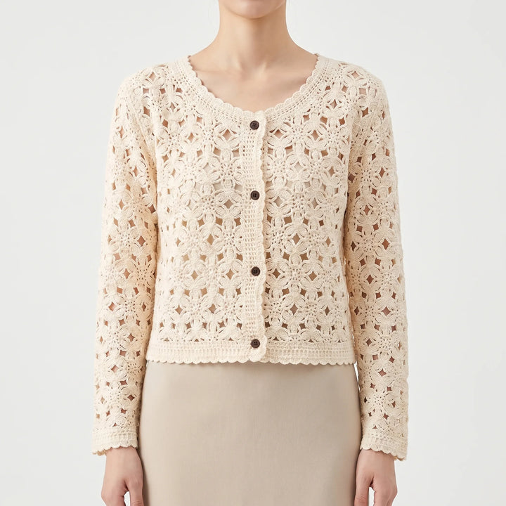 Fashionable women's openwork crochet cardigan, a chic lightweight summer layering piece for any casual look.