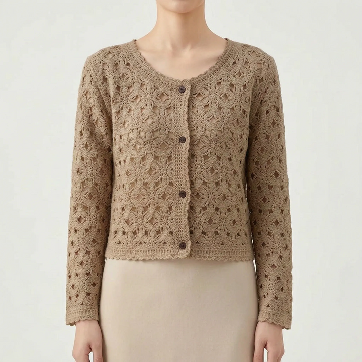 Breathable women's openwork crochet cardigan, a comfy knit layering top for warm spring/summer weather.