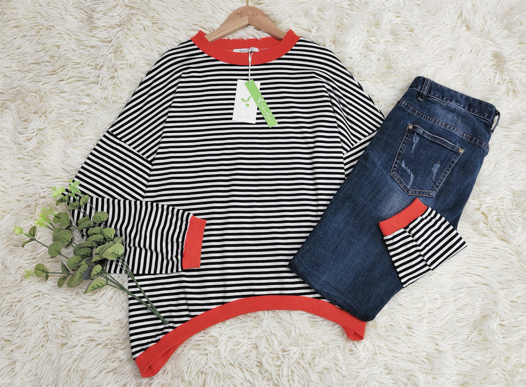 Soft cotton women's striped long sleeve top. Perfect casual sweater for comfortable fall style.