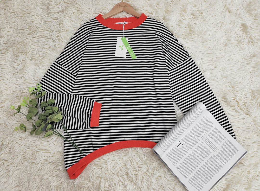 Versatile women's striped long sleeve cotton sweater top for comfortable fall and everyday wear.
