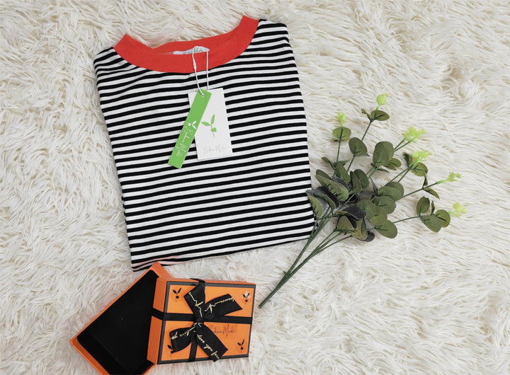Women's orange, navy, white striped long sleeve cotton sweater. Comfortable & versatile for casual style.