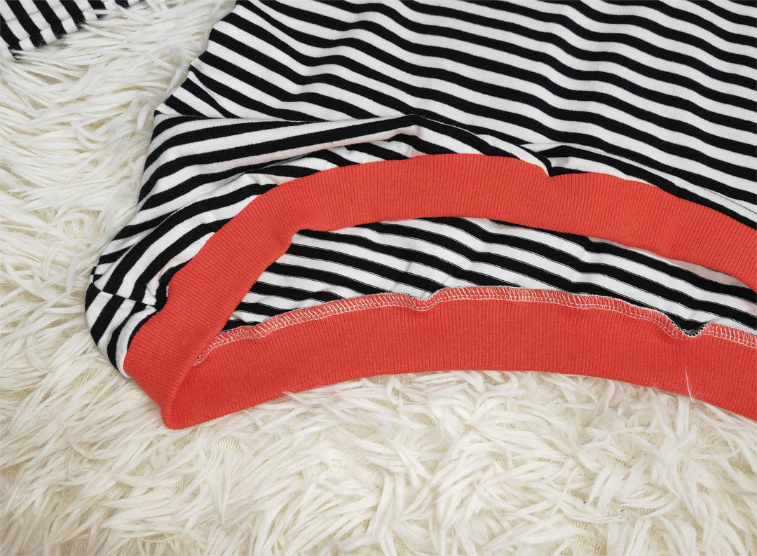 Women's striped long sleeve cotton sweater. Orange, navy & white stripes for casual fall fashion.