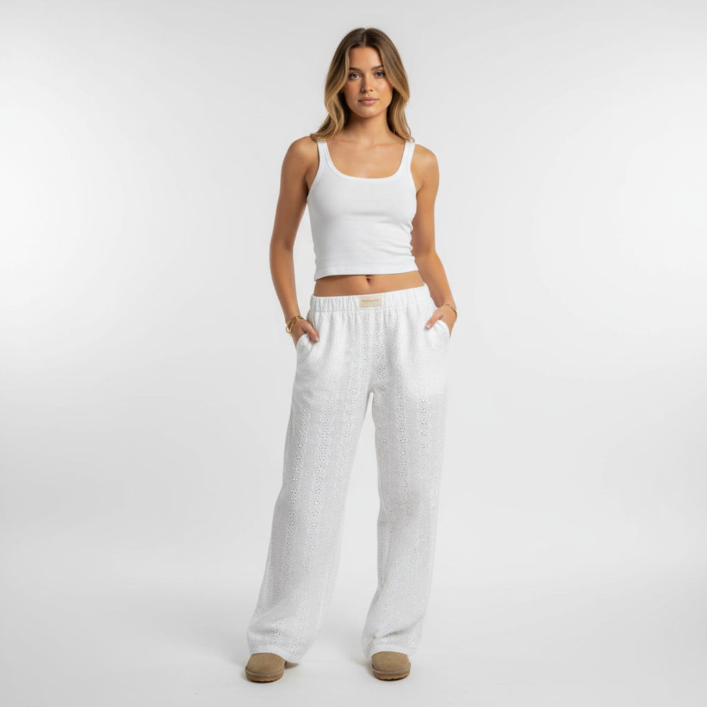 Women's casual organic cotton trousers, breathable and lightweight, featuring an elastic waist.
