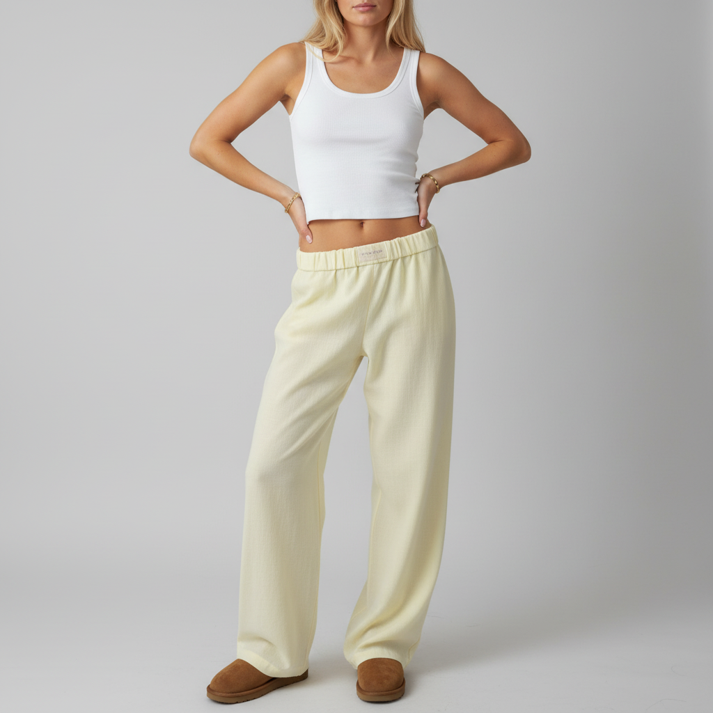 Loose fit women's lounge pants in organic cotton, perfect for sustainable summer apparel.