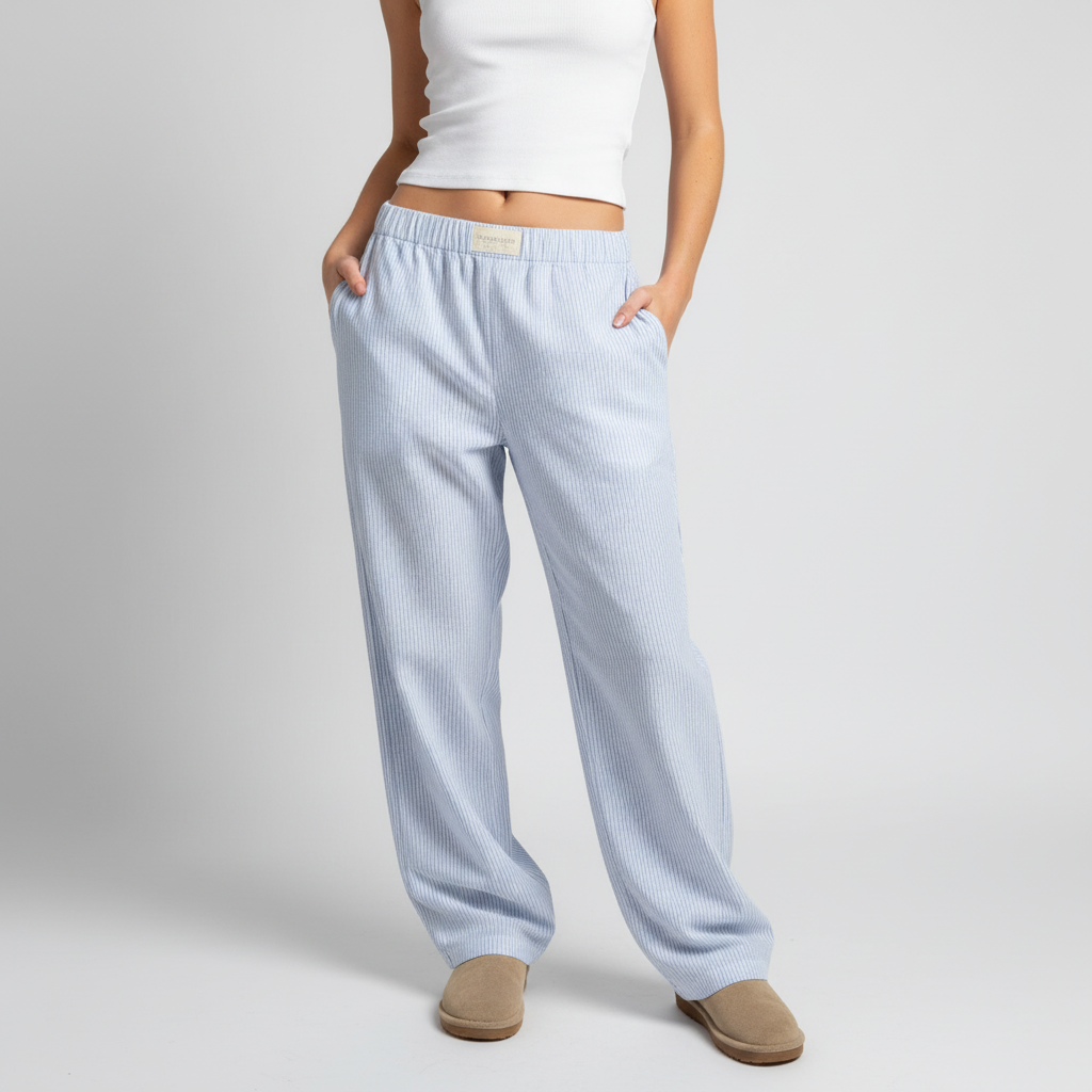 Lightweight organic cotton lounge trousers for women, versatile for casual and comfortable wear.