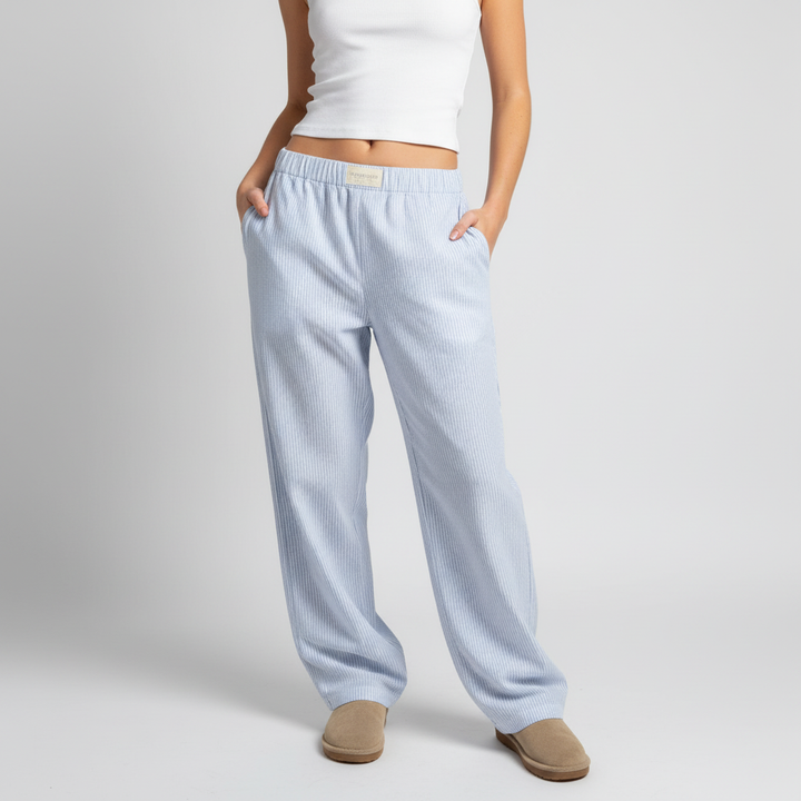Lightweight organic cotton lounge trousers for women, versatile for casual and comfortable wear.