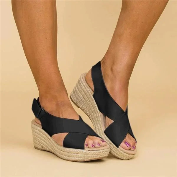Comfortable women's espadrille wedge sandals, perfect orthopaedic walking shoes for summer.