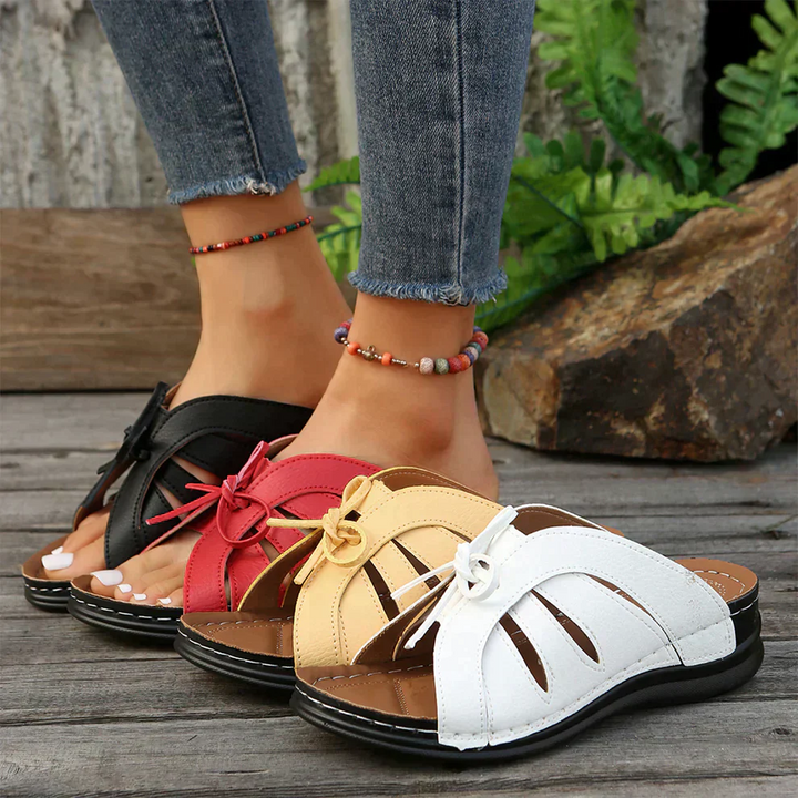 Women's knot design wedge sandals, orthopaedic for maximum arch support.