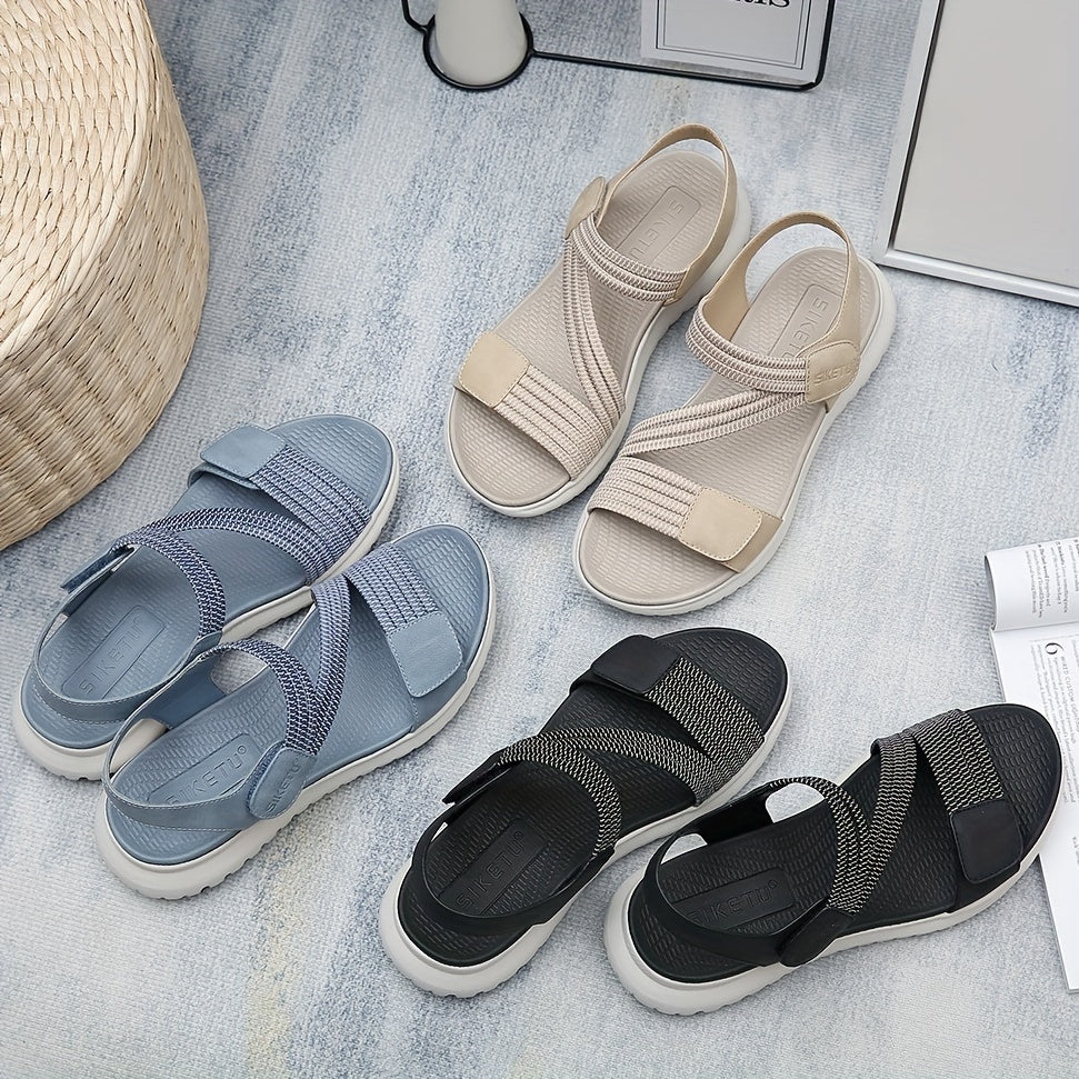 Woman walking comfortably in orthopedic arch support sandals for plantar fasciitis pain relief.
