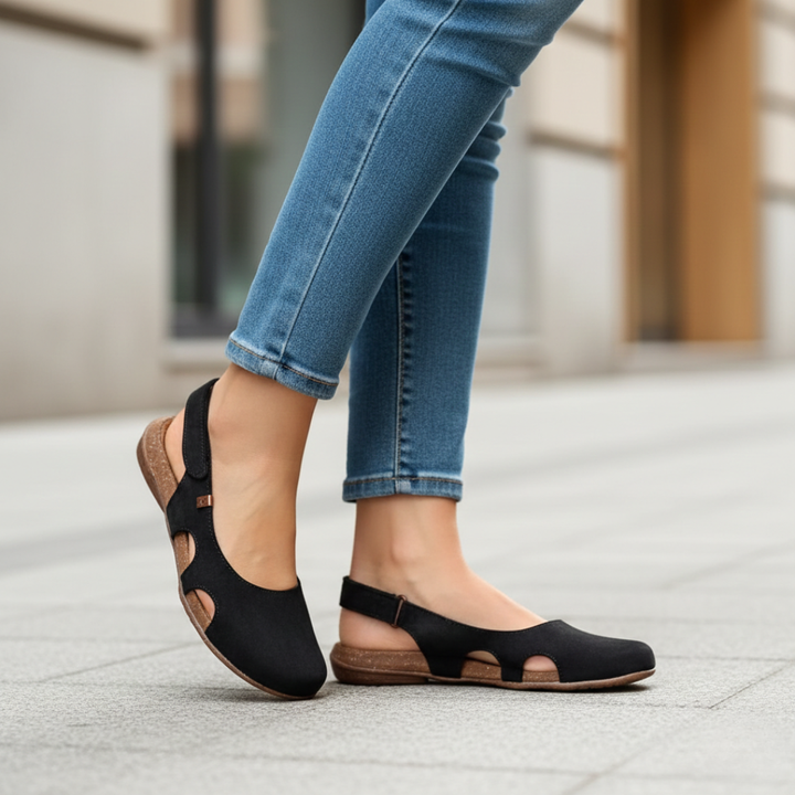Adjustable women's orthopedic closed-toe slingback sandals. Provides excellent arch support for comfy walking shoes.