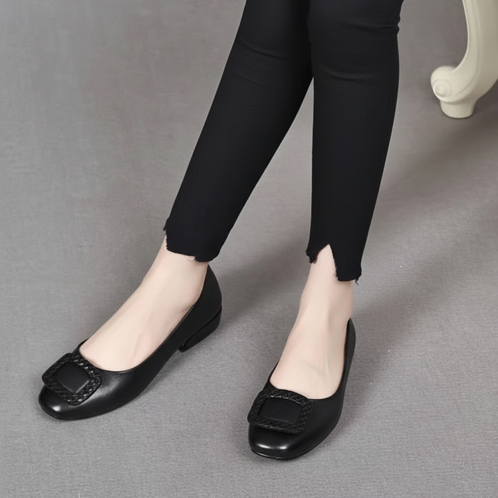 Josephine black leather comfort flats for women, orthopedic design, low heel