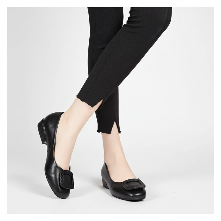 Comfortable women's flats, orthopedic, black leather, low heel, stylish design