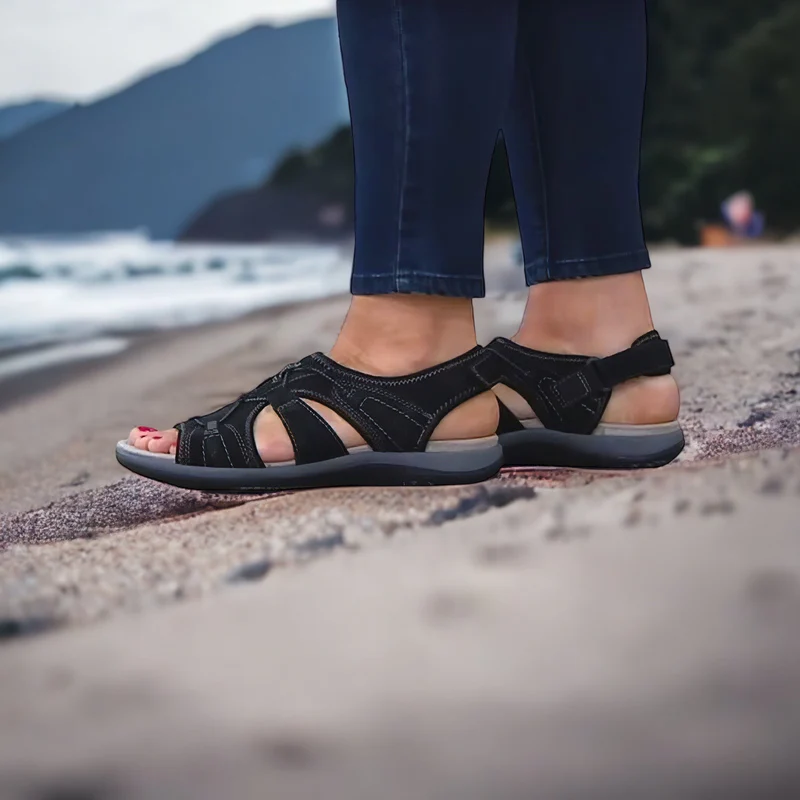 Women's comfortable walking sandals, orthopedic design for arch support. Adjustable summer footwear with stylish crisscross straps.