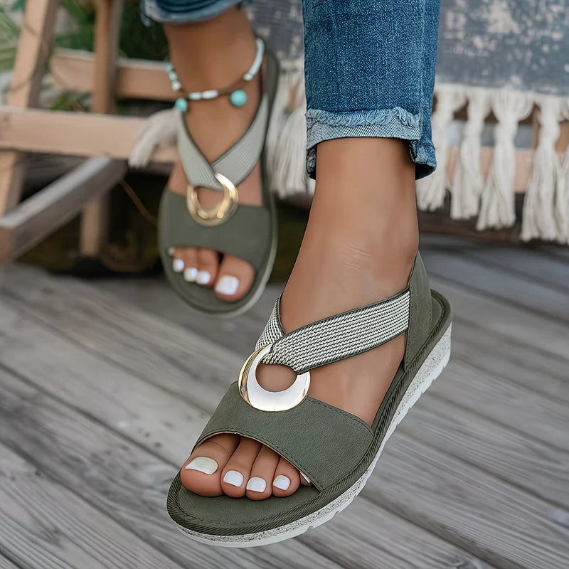 Women's comfort slip-on sandals with orthopedic arch support, stylish stretch strap, perfect for summer.