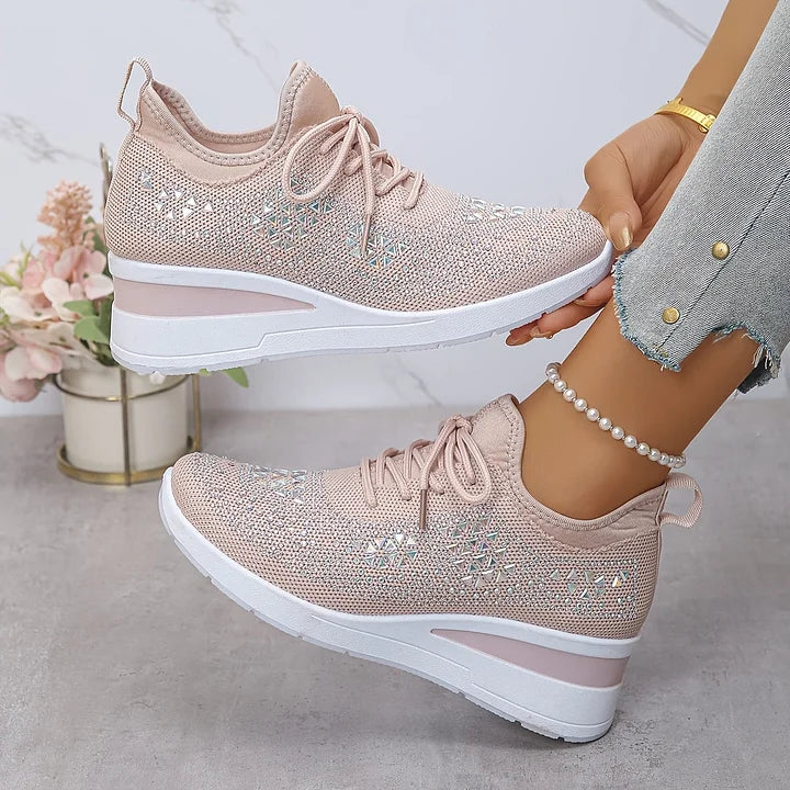 Cushioned women's walking sneakers, orthopedic support for all-day comfort, crystal adorned.