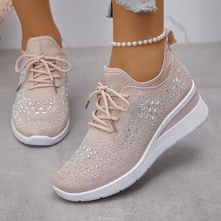 Modern women's orthopedic comfort sneakers, ideal for walking, with sophisticated crystal details.