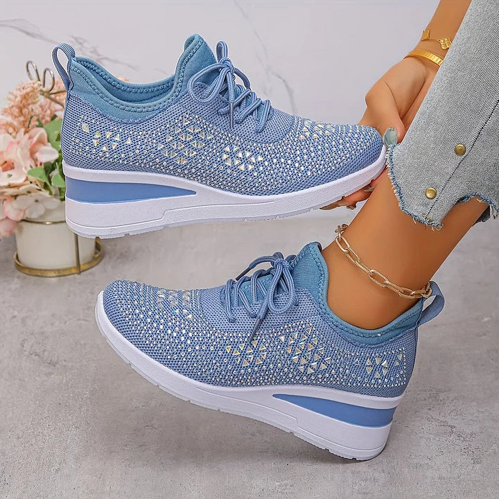 Secure-fit women's athletic shoes, orthopedic comfort & stylish crystal accents for active days.