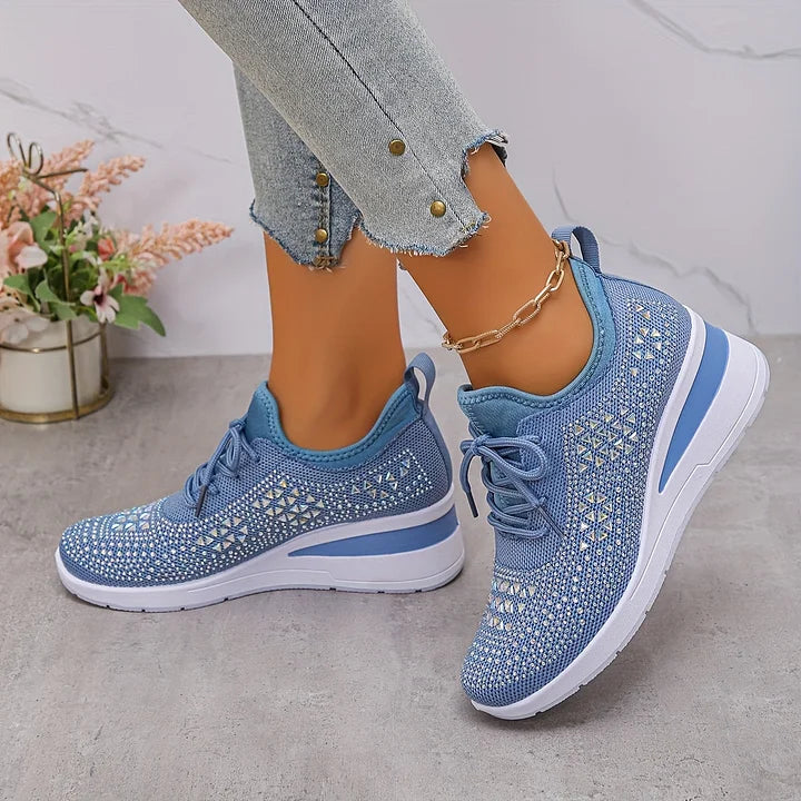 Trendy women's casual sneakers, orthopedic for supreme comfort, finished with sparkling crystals.