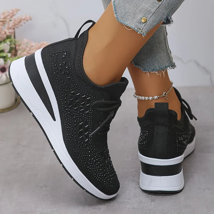 Ergonomic women's comfort sneakers with arch support, dazzling crystal detail for stylish walks.