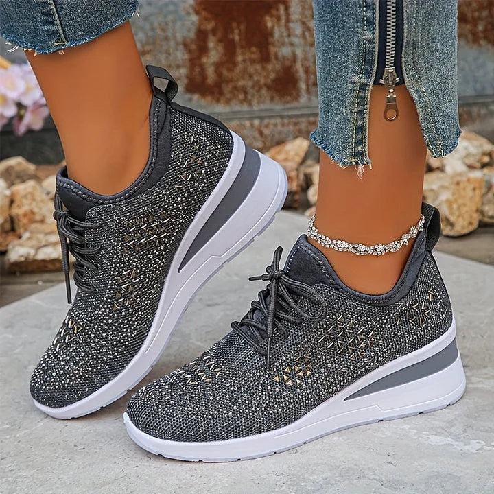Elegant women's comfort shoes, orthopedic design with sparkling crystal elements for casual wear.