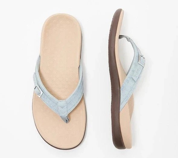 Comfortable women's cushioned flip-flops for beach, pool, or walking. Features arch support for foot pain relief.