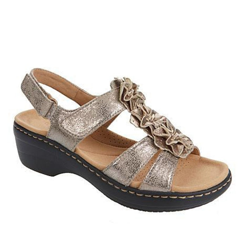 Summer women's orthopedic gladiator sandals, white base, vibrant floral details, designed for all-day comfort
