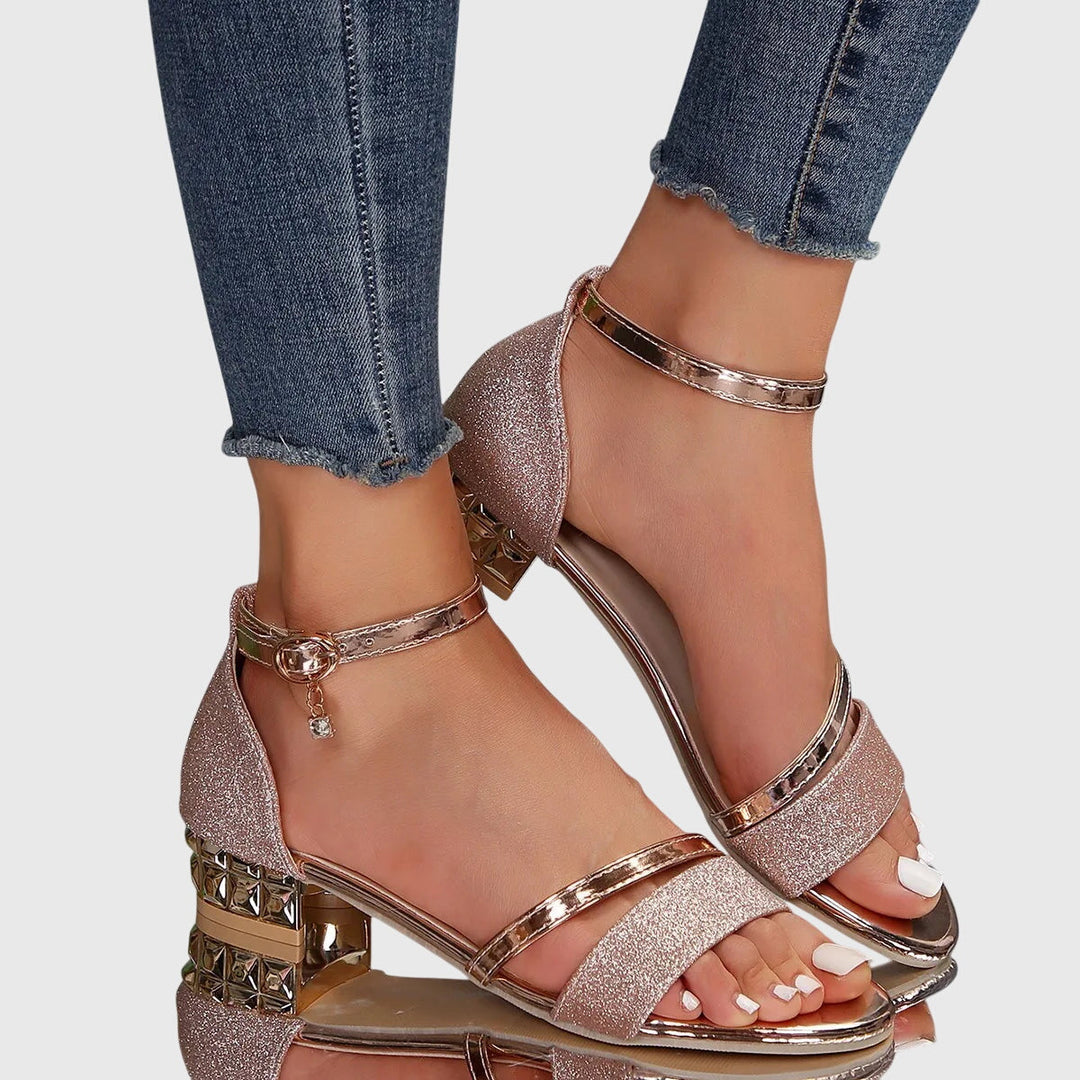 Comfortable women's orthopedic heeled sandals with adjustable strap, designed for foot pain relief.