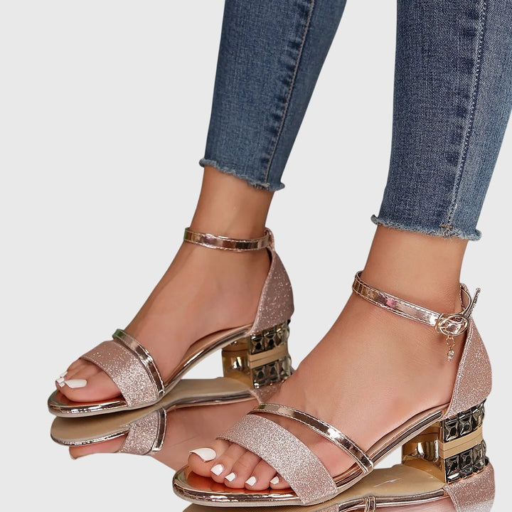 Women's heeled orthopedic sandals with easy-adjust strap, ensuring comfortable, custom fit & support.