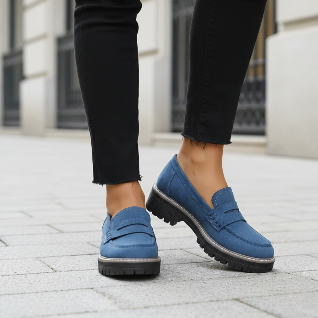 Women's orthopedic loafers with chunky platform sole. Comfortable, stylish slip-on shoes for modern wear.