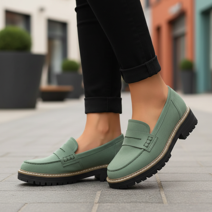 Women's orthopedic loafers featuring a thick, chunky platform sole. Modern slip-on design for daily wear.