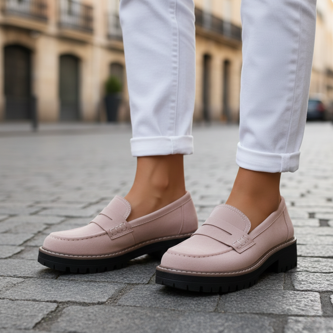 Supportive women's platform loafers. Orthopedic comfort in a stylish chunky design for modern everyday fashion.