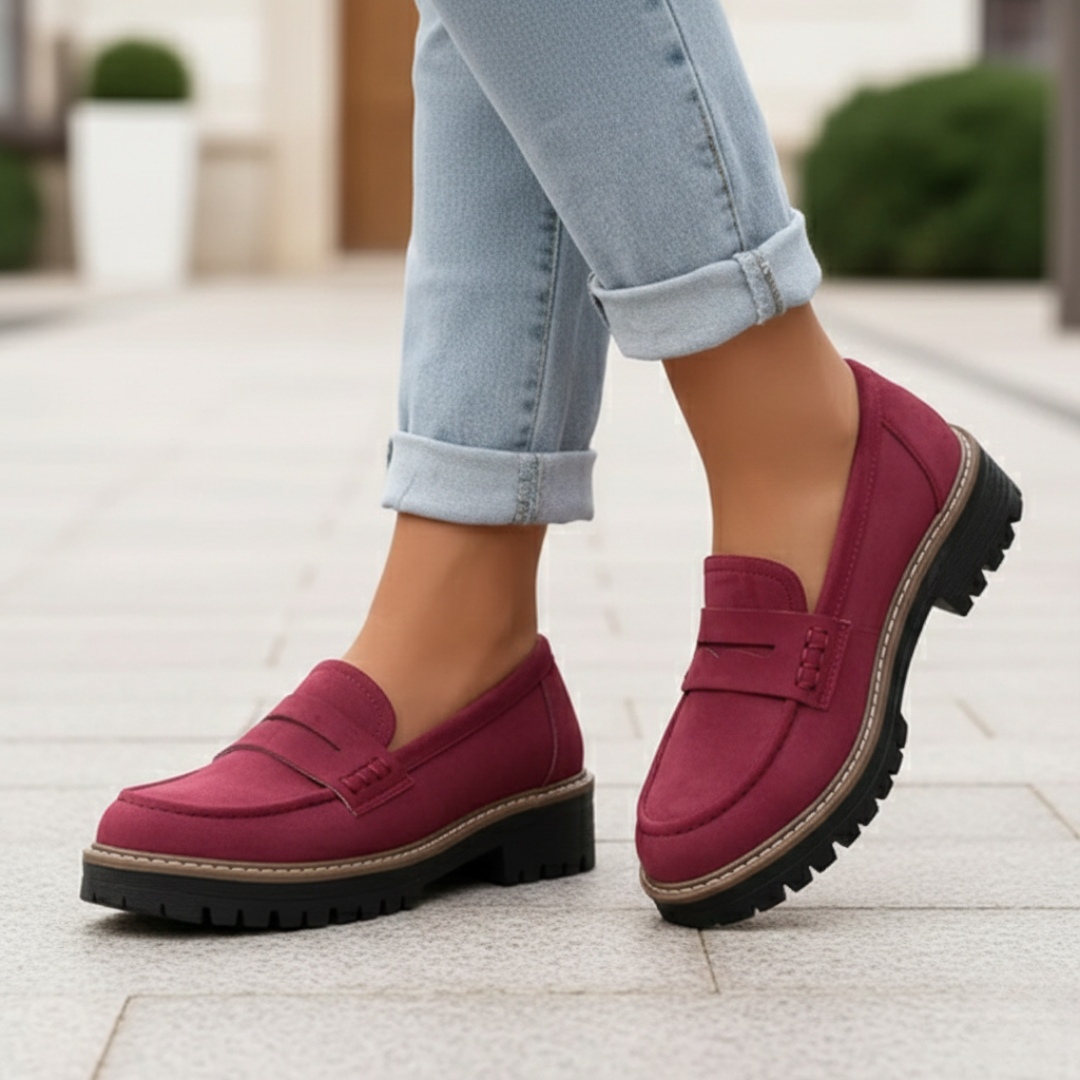 Women's orthopedic slip-on loafers with a trendy chunky platform sole. Comfortable & fashionable modern footwear.