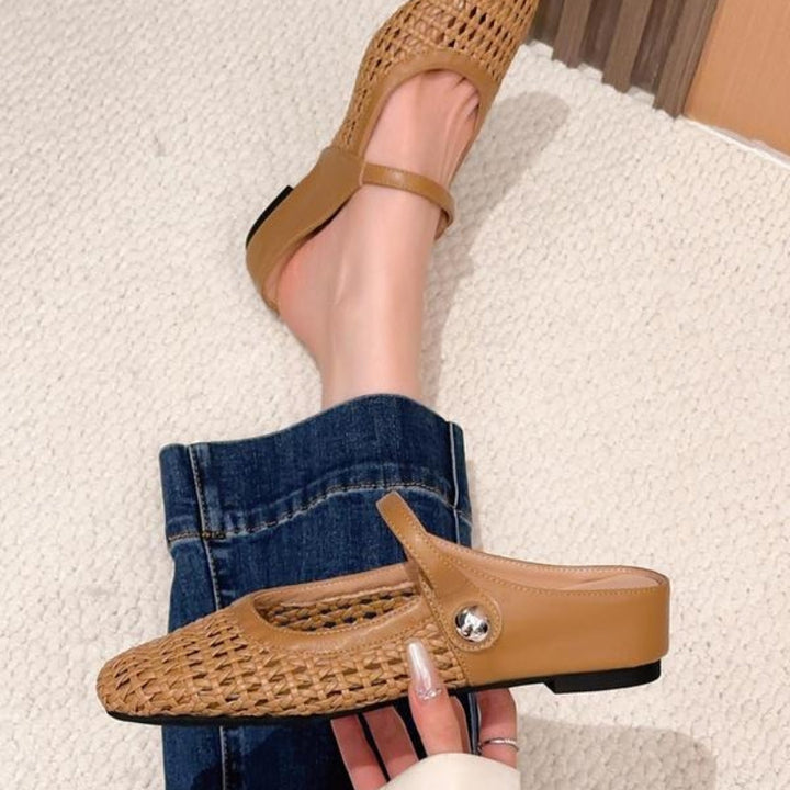 Close-up of women's orthopedic mule flats, highlighting breathable design & secure comfort fit.