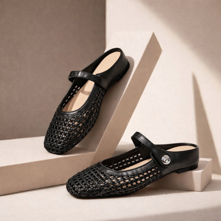 Supportive women's orthopedic flats in mule style. Ensures comfort for prolonged wear & everyday ease.