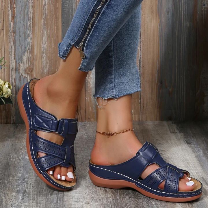 Orthopedic women's open-toe sandals offering arch support & pain relief for comfortable summer walking.