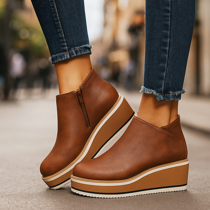 Women's orthopedic platform wedge sandals in vegan leather, offering stylish comfort & shock-absorbing support.