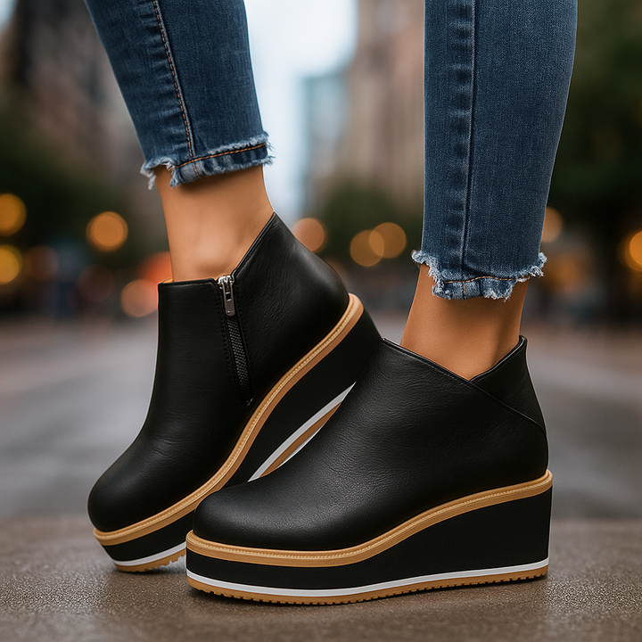 Stylish slip-on women's platform wedge sandals, crafted from comfortable vegan leather for casual, orthopedic wear.