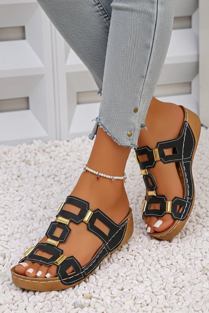 Stylish women's open-toe Roman wedge slides, orthopedic design for ultimate comfort and support.