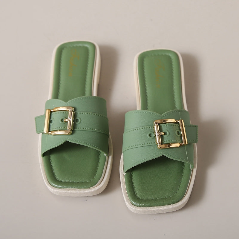 Elegant women's cushioned square toe sandals with gold accents, ideal for casual summer wear and comfort footwear.