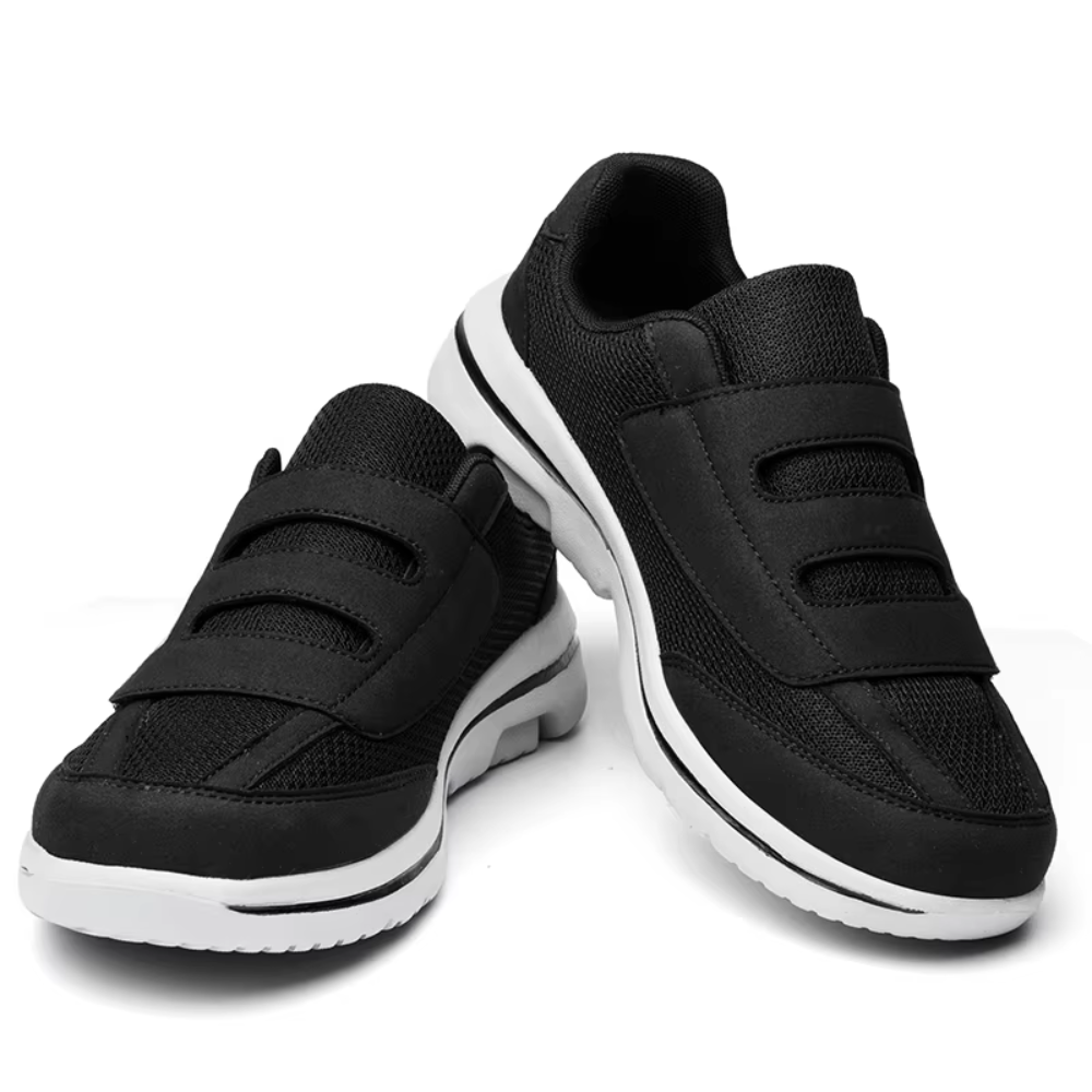 Pair of women's orthopedic slip-on shoes, emphasizing comfort, foot support, and adjustable wide fit.
