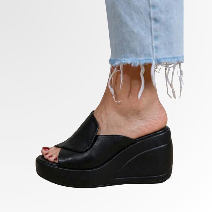 Women's orthopedic slip-on wedge sandals, black, providing comfort & support for summer casual wear.