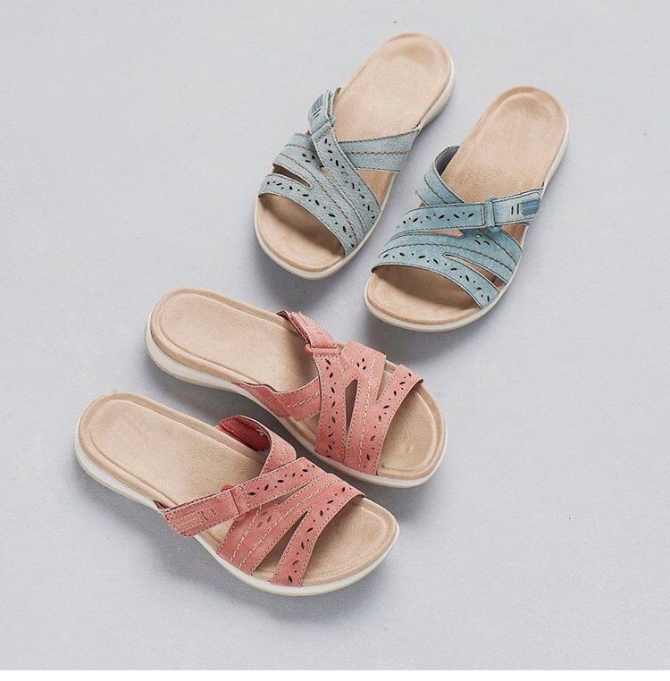 Close-up of adjustable straps on women's orthopedic summer sandals for a custom, comfy fit.