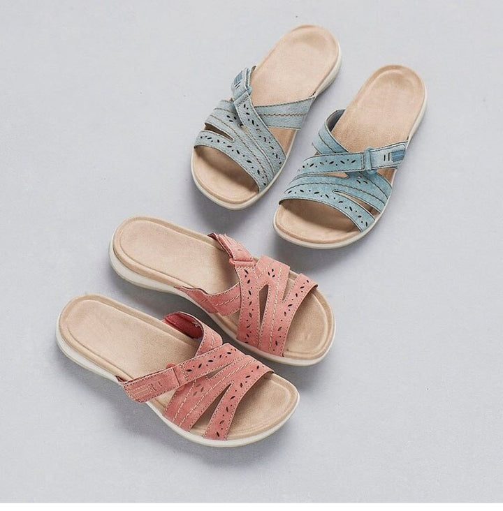 Close-up of adjustable straps on women's orthopedic summer sandals for a custom, comfy fit.