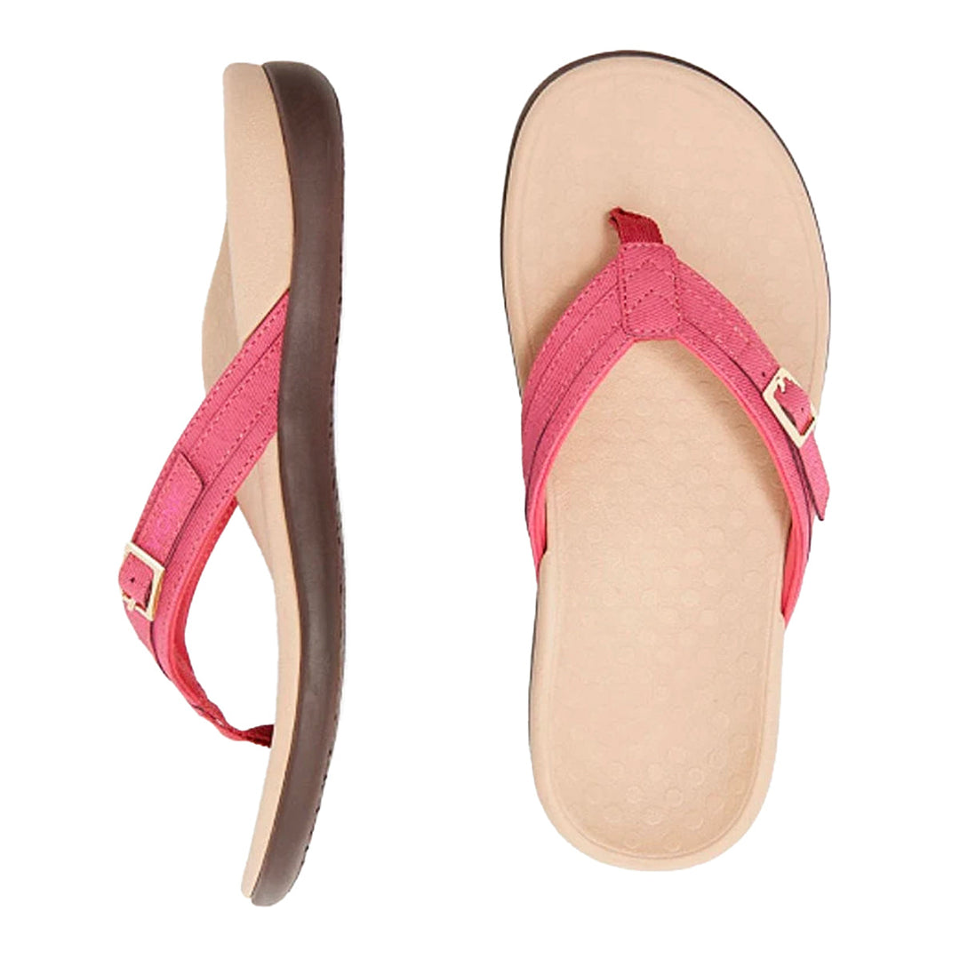 Beige women's comfort toe sandals with padded footbed, ideal for summer and foot health.