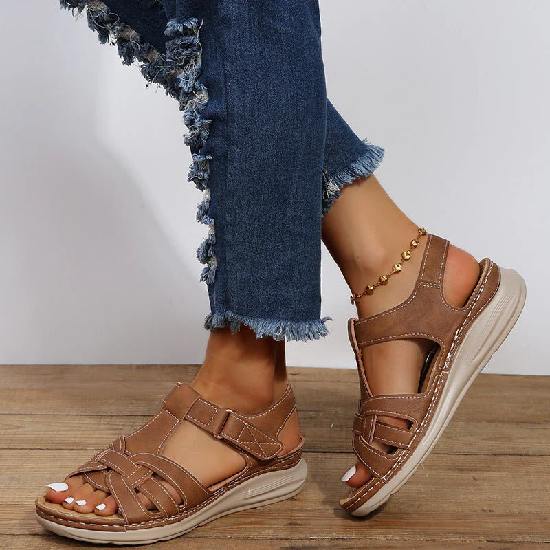 Women's orthopedic velcro sandals in brown, offering adjustable comfort & arch support for all-day wear.