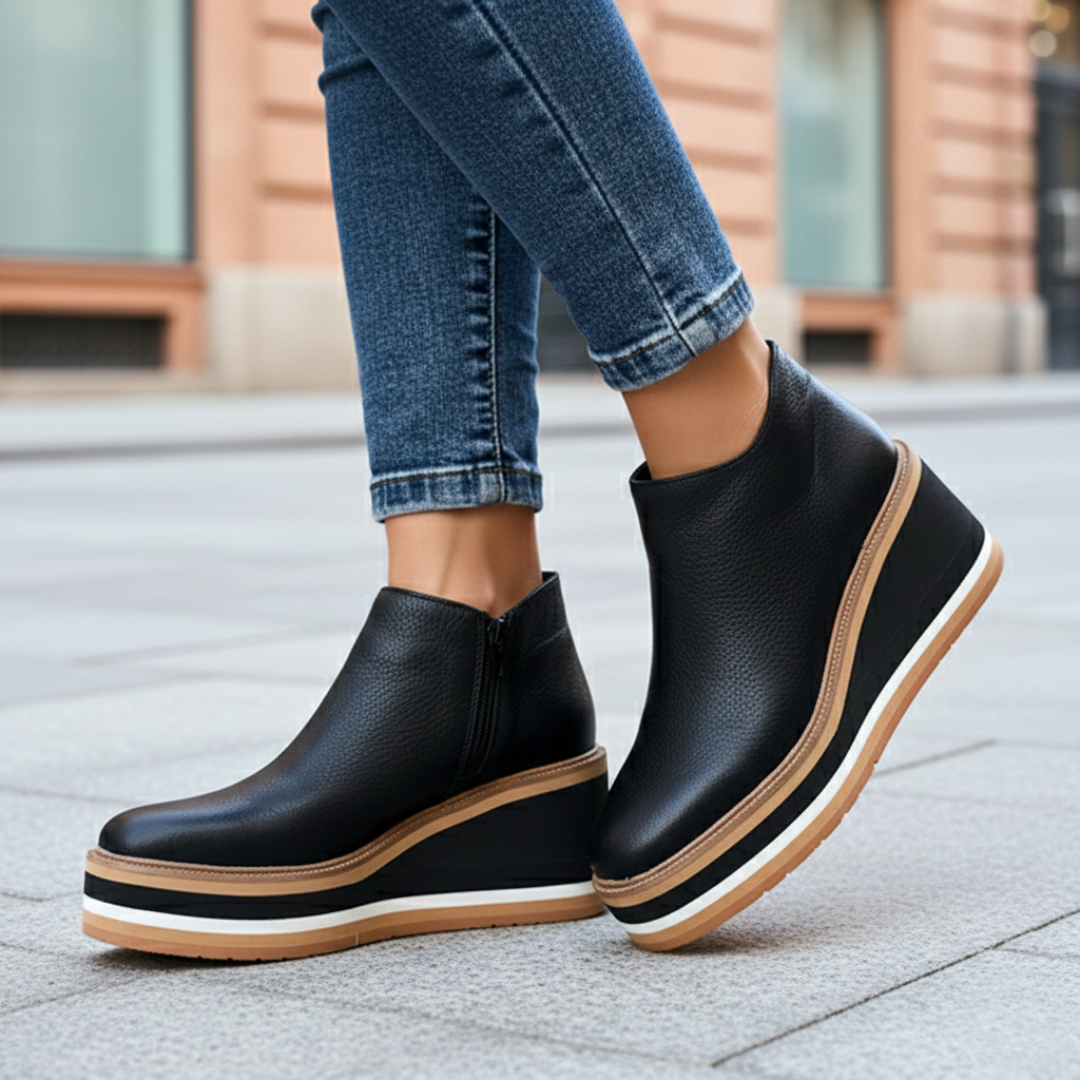 Comfortable brown women's wedge ankle boots. Orthopedic support for stylish everyday fall & winter fashion.