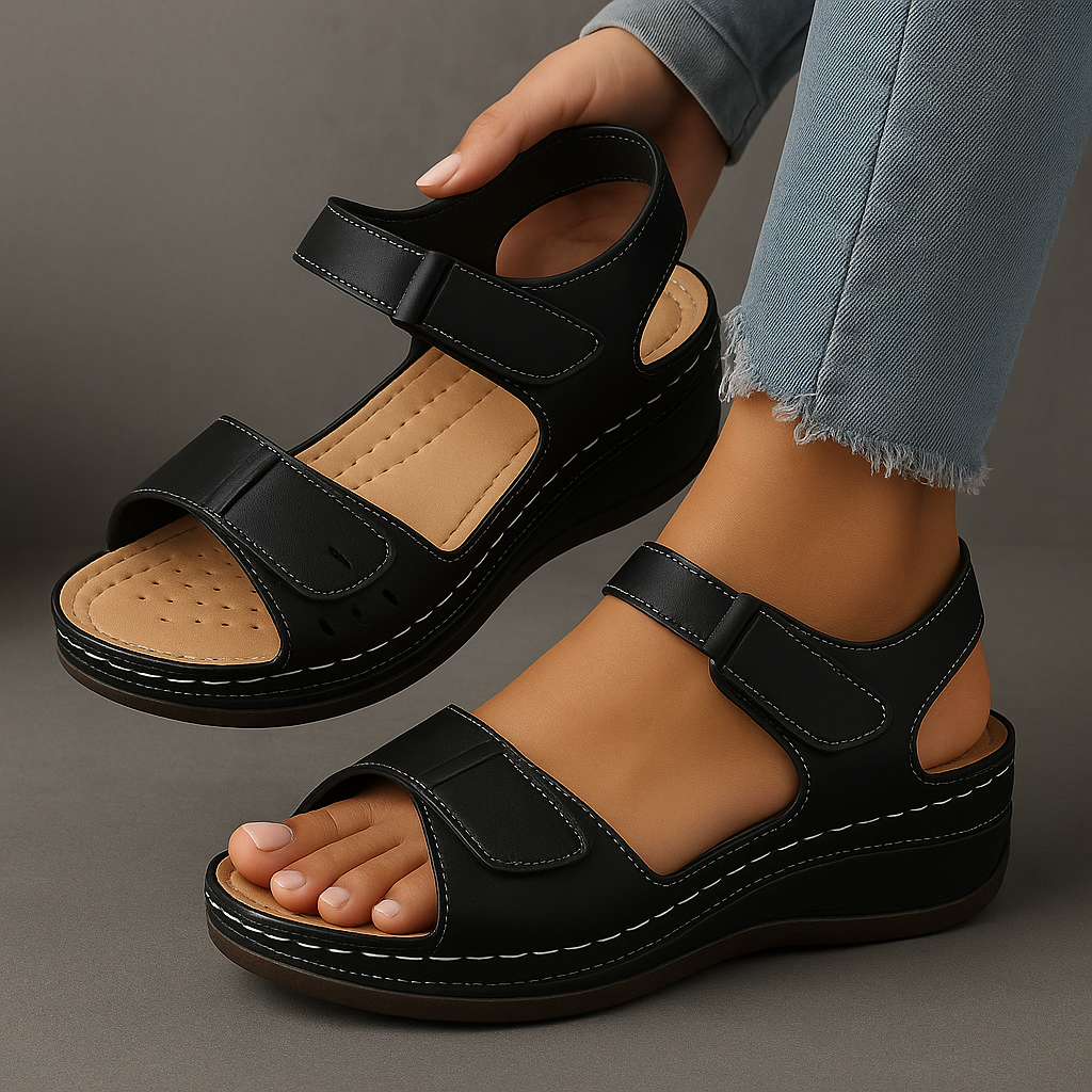 Therapeutic women's wedge heel orthopedic sandals with advanced arch and heel support for improved posture.